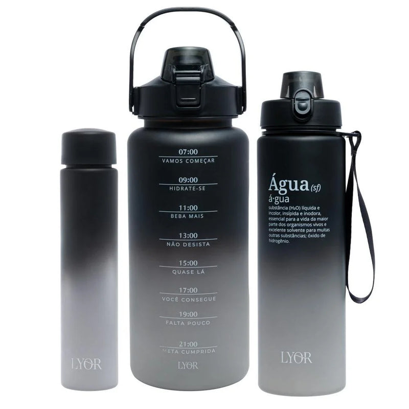 Conjunto com 3 Garrafas Squeeze Preto Degradê de Policarbonato